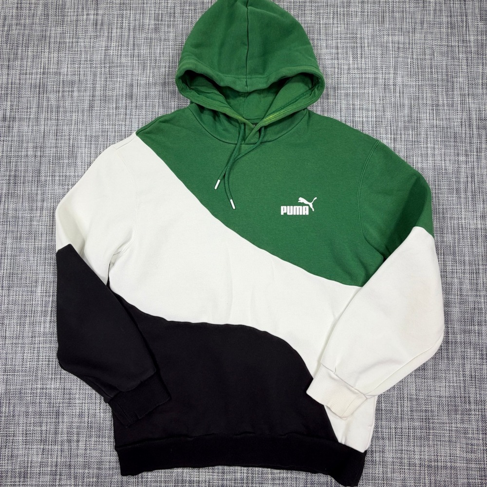PUMA Men's Colorblock Fleece Hoodie Medium Green White Black Pullover Drawstring